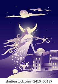 Night Fantasy vector illustration with a night cityscape and the Night Woman