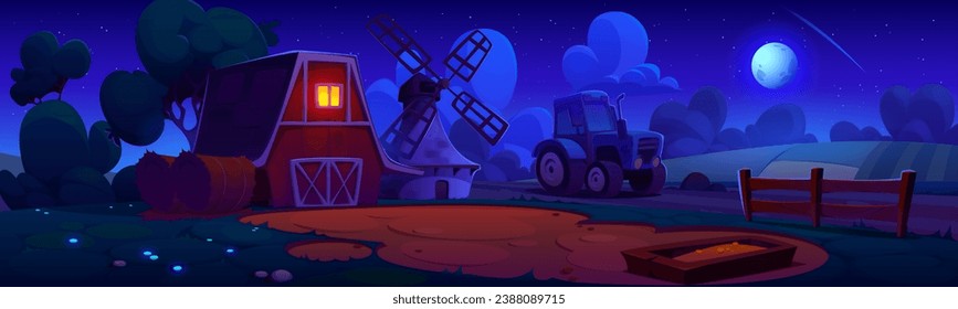 Nachtfarm mit Traktor unter Sternenhimmel. Vektorgrafik-Illustration von Heuschrecken, Holztrog in der Nähe von Scheune und alten Steinwindmühle, Feldfrüchte, Sträucher und Bäume, mondbeleuchtete Sommerlandschaft