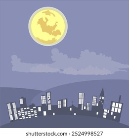 Night fell over the city with its shadows. The full moon rises in the sky. Landscape vector illustration.