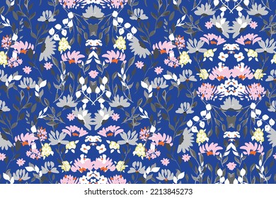 Night feminine seamless pattern with  hand drawn paint wildflowers on dark background