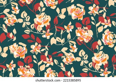 Night feminine seamless pattern with  hand drawn paint roses on dark background