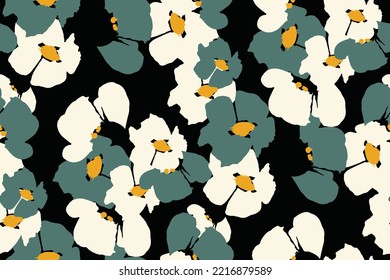 Night feminine seamless pattern with  hand drawn paint wildflowers on dark background