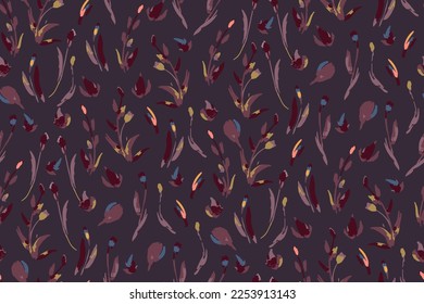 Night feminine seamless pattern with  hand drawn paint wildflowers on dark background