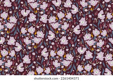 Night feminine seamless pattern with  hand drawn paint wildflowers on dark background