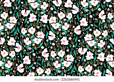 Patrón femenino nocturno sin fisuras con flores silvestres de pintura dibujadas a mano sobre fondo oscuro