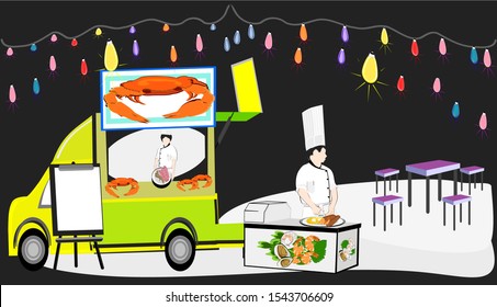 Night Festival, Food Truck, Cook Chef, Seafood, Celebration,food shop, cartoon, illustration Food business concept Or food service, hotel services 