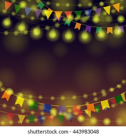 Night Festive background. Different color Garlands. Vector background for greeting and post cards