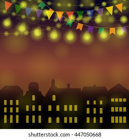 Night Festive city background. Different Colors Garlands on a town. Vector illustration for greeting and post cards
