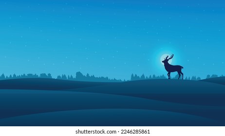 Paisaje de campo nocturno con un vector de ilustración de fondo de ciervo, silueta