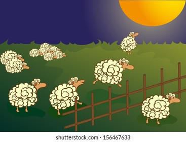 night field. sleeping sheep and jumping over the fence
