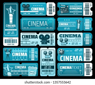 Night film festival or movie premiere tickets. Vector cinema tickets with 3D glasses, video camera and vintage movie projector symbols, actor star award, popcorn, barcode and theater blue seats