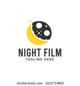 Night film maker logo design. Film strip with moon vector illustration for movie studio production graphic template.