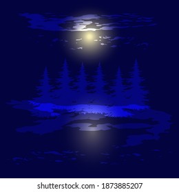 Night fir forest, moon - abstract dark blue background - art, vector. Winter landscape.