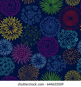 Night firework seamless pattern. Celebration fireworks and fire crackers party vector background