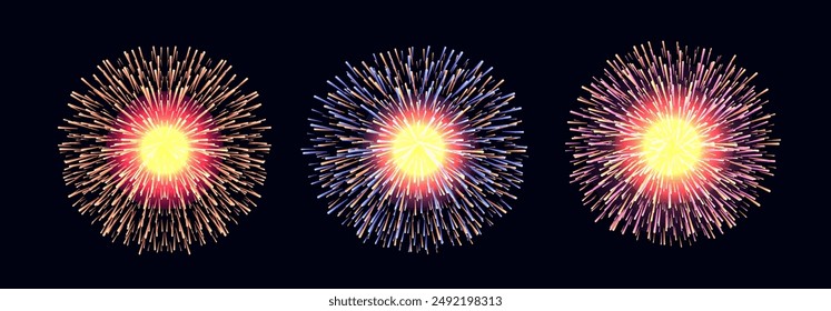 Night fireworks. A blinding blast of bright lights. Holiday, event, festival. Shining fireworks icon. Explosion, falling sparks, fire, rockets, firecracker, sparklers. Night  blazing flash. Vector 3D.