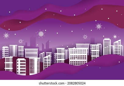 Night Fireworks City Building Winter New Year Paper Cut Illustration