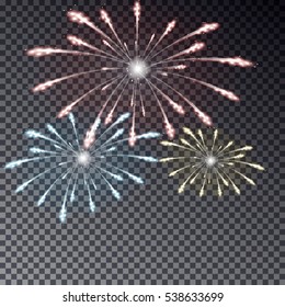 Night fireworks sky vector isolated. Festival transparent firework light. Light effect for card, poster illustration.
