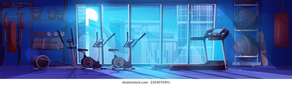 Night fitness gym room interior for sport workout vector illustration. Weight exercise equipment in gymnasium. Treadmill and elliptical trainer for cardio in studio with cityscape and moonlight