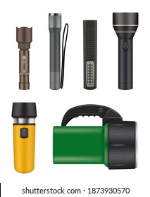 Night flashlight. Object for searching in dark electric lamps flashlight security handy items vector realistic set