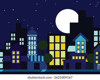 Noite plana desenhos animados cidade vetor fundo