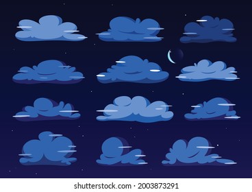 Night Flat cloud illustration collection. Cute cartoon cloud set.