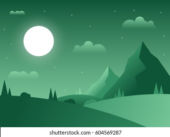 Night flat green gradient landscape wallpaper image with mountains, grass, hills and moon. Monochrome flat background. Illustration of nature and traveling.