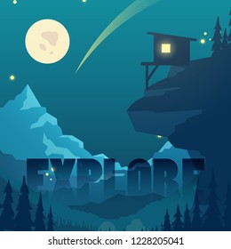 Night flat vector mountain landscape with moon, stars and mountain home silhouette