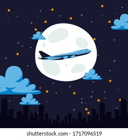 Night flight airplane, air transport carries passengers set vector illustration. Big bright moon and starry sky, transportation service cartoon. Quick way to travel, airline banner.
