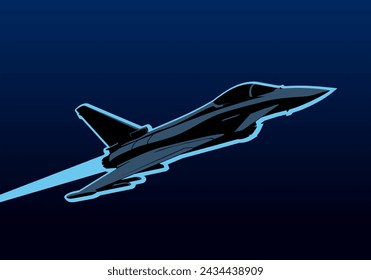 Vuelo nocturno. Avión Eurofighter Typhoon Jet sobre el fondo de un cielo azul oscuro. Dibujo estilizado para impresiones, póster e ilustraciones.