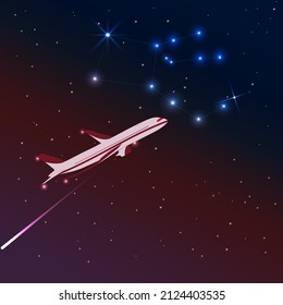 Night flight under the auspices of the constellation Pegasus. A plane flying in the night.