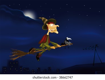 night flight of a witch on a broom