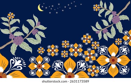 Night floral rug design with moonlit botanical branches, orange flowers, and stars, ideal for boho decor, artistic interiors.