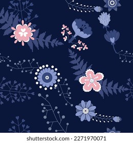 Night flowers blue and pink color. Night background seamless vector pattern. Floral pattern