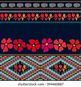 Night flowers. Bohemian seamless pattern. Ethnic and Peruvian motifs. Blooming tulips, poppies, doodle prints, American Indians geometric borders. Folk art boho textile collection. Black, red, golden.