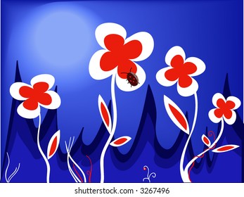 night flowers and ladybug under moon