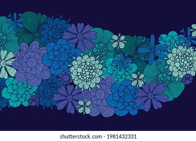 Night flowers wave. Summer wallpaper. Сute illustration.