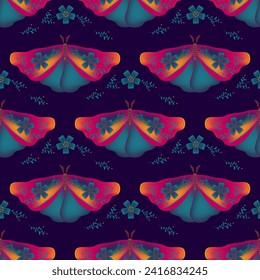 Night fly with floral ornamebt on wings vector seamless pattern, rural fabric print design. Summer ornament with night moth insect. Magic motif. Wildlife insect repeat pattern.