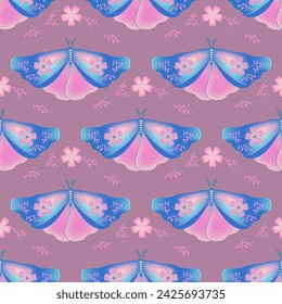 Night fly with floral ornamebt on wings vector seamless pattern, folkloric textile print design. Summer ornament with night moth insect. Bohemian wallpaper. Wrapping paper pattern.