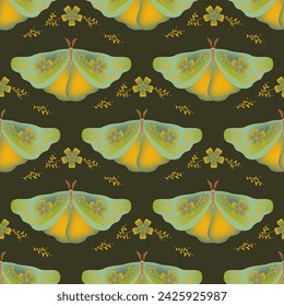 Night fly with floral ornamebt on wings vector seamless pattern, swedish textile print design. Spring ornament with fairy butterfly  insect. Occult animal print. Night insect repeat pattern.