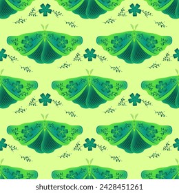 Night fly with floral ornamebt on wings vector seamless pattern, whimsical textile print design. Spring ornament with fairy butterfly  insect. Esoteric floral motif. Wrapping paper pattern.