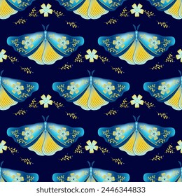 Night fly with floral ornamebt on wings vector seamless pattern, whimsical textile print design. Summer ornament with night moth insect. Occult animal print. Wrapping paper pattern.