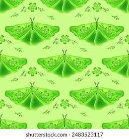 Night fly with floral ornamebt on wings vector seamless pattern, danish clothes print design. Summer ornament with night moth insect. Magical witchcraft motif. Night insect repeat pattern.