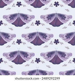 Night fly with floral ornamebt on wings vector seamless pattern, folk art fabric print design. Summer ornament with butterfly insect. Romantic motif. Night insect repeat pattern.