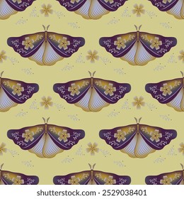 Night fly with floral ornamebt on wings vector seamless pattern, norwegian print design. Spring ornament with fairy butterfly  insect. Occult animal print. Wrapping paper pattern.