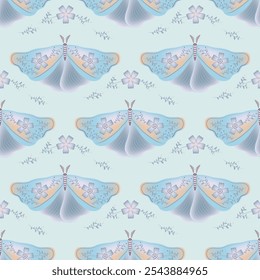 Night fly with floral ornamebt on wings vector seamless pattern, swedish textile print design. Summer ornament with night moth insect. Scandinavian motif. Night insect repeat pattern.