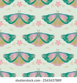 Night fly with floral ornamebt on wings vector seamless pattern, nordic clothes print design. Spring ornament with fairy night moth insect. Esoteric floral motif. Night insect repeat pattern.