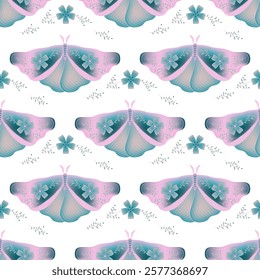 Night fly with floral ornamebt on wings vector seamless pattern, rural fabric print design. Summer ornament with night moth insect. Folklore floral motif. Night insect repeat pattern.