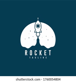 Night flying rocket to the moon white color with navy blue background