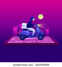 Night food delivery service by scooter with courier. Man courier riding scooter with parcel box on mobile phone and city background. Delivery service app on mobile phone.