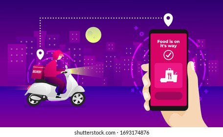 Night food delivery service by scooter with courier. Hand holding mobile application tracking a delivery man on a moped. city skyline in the night background.